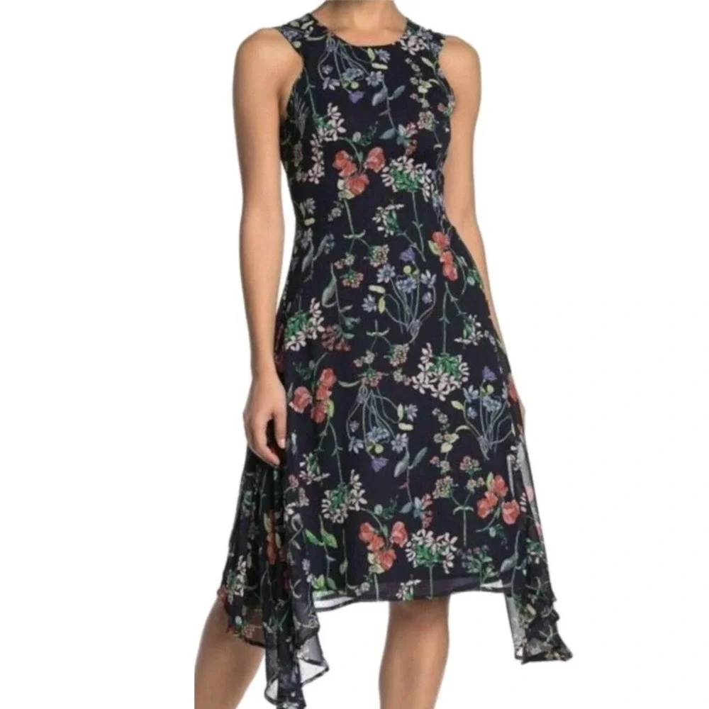 Tommy Hilfiger Women's Trapeze Dress Sz‎ 14 Navy Blue Floral Sleeveless Chiffon